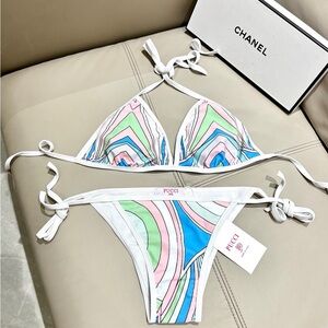 Emilio Pucci Pastel Pink Blue Green Wave-Print Triangle Bikini